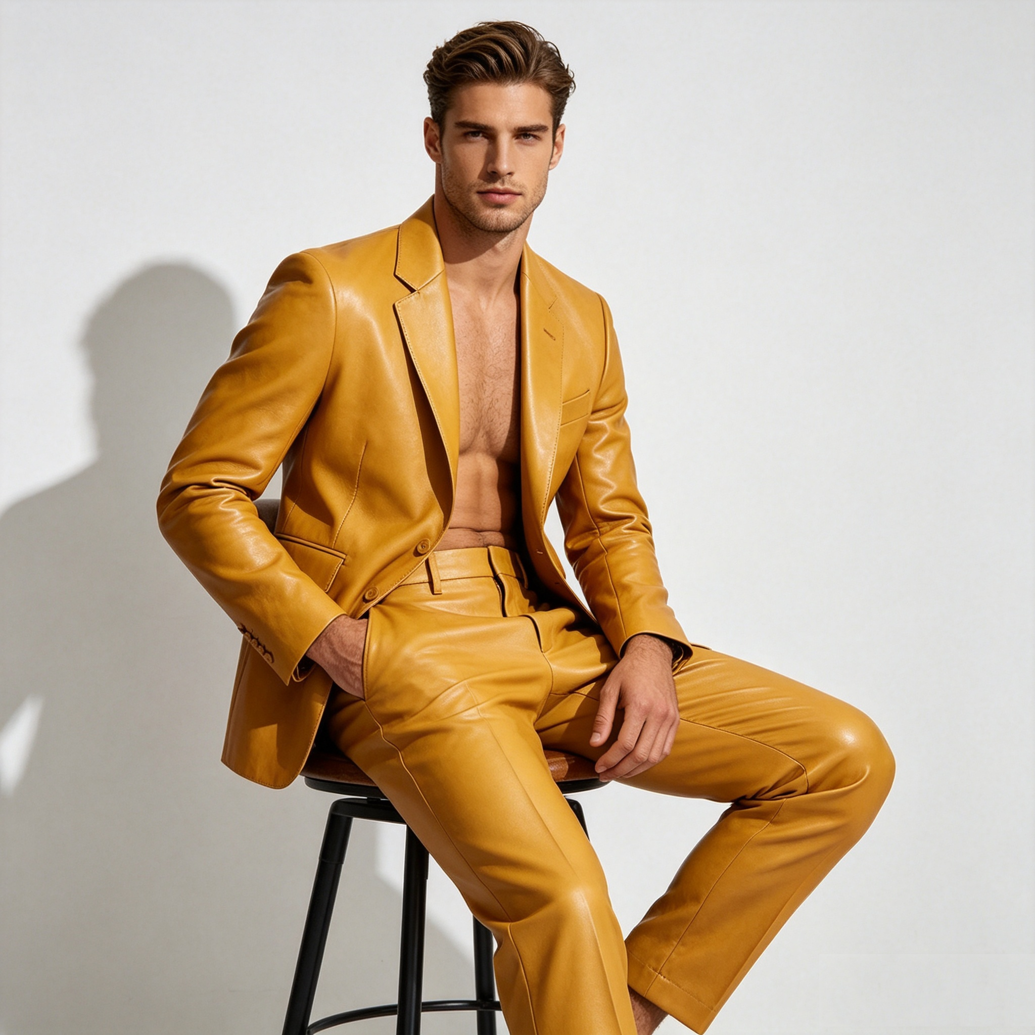 Yellow PU Leather Men Suit Set - Formal Wear For Men Yellow recension och pris