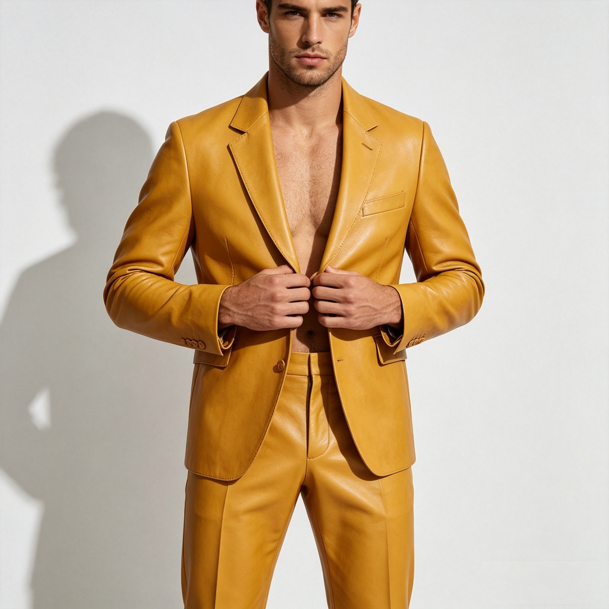 Yellow PU Leather Men Suit Set - Formal Wear For Men Yellow recension och pris